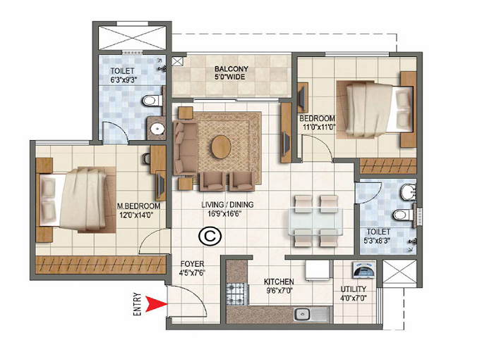 Prestige Countydale 2 BHK Floor Plan