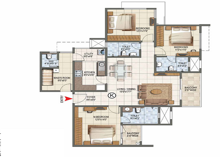 Prestige Countydale 3 BHK Floor Plan